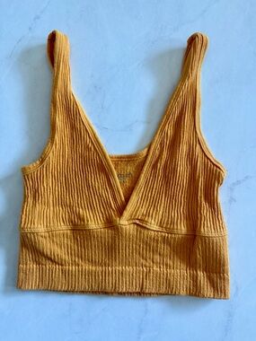 aerie Ribbed Deep V Crop Top in Mustard